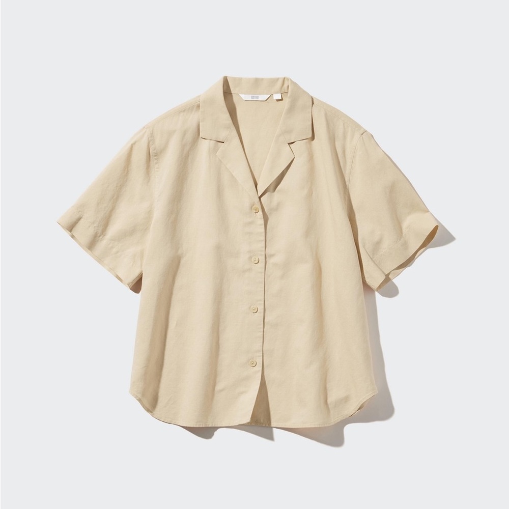Uniqlo Beige Linen Blend Open Collar Short Sleeve Shirt